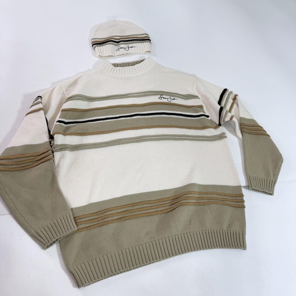 Sean John Sweater Mens 2XL White Striped Knit Crewneck Pullover Beanie Set